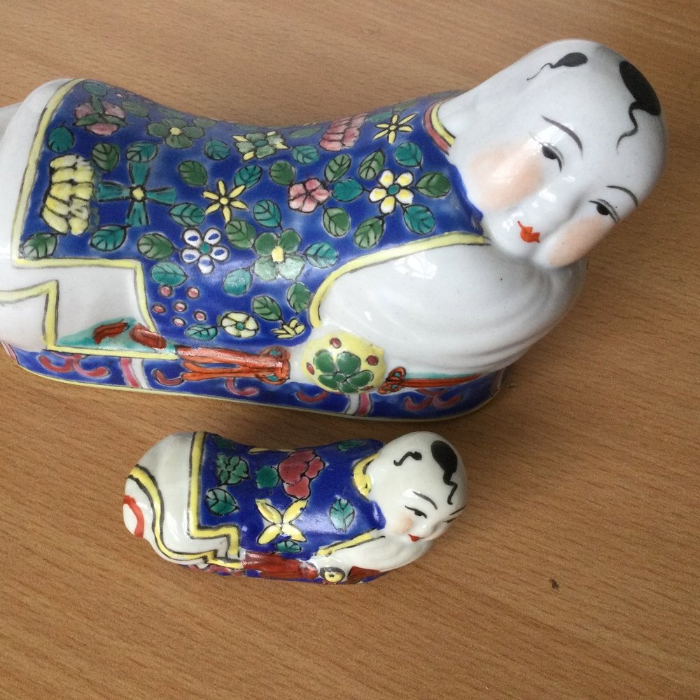 2 Vintage Chinese hand painted enamel baby pillow figurines boys 6" & 2.5" blue